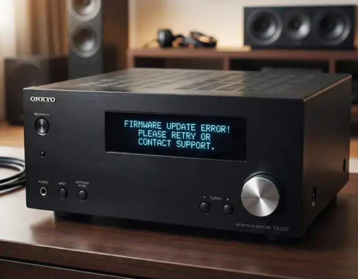 An audio receiver shows an error message on the front display.