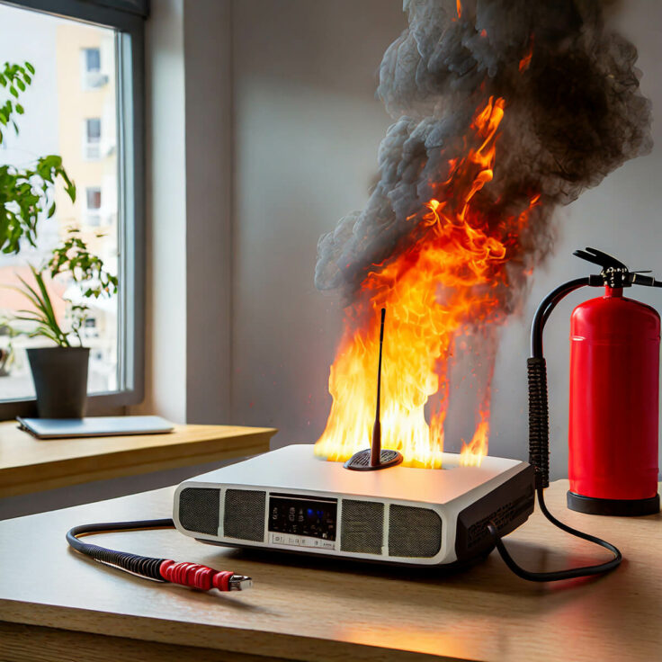 AI-generiertes Bild eines brennenden Routers auf einem Schreibtisch