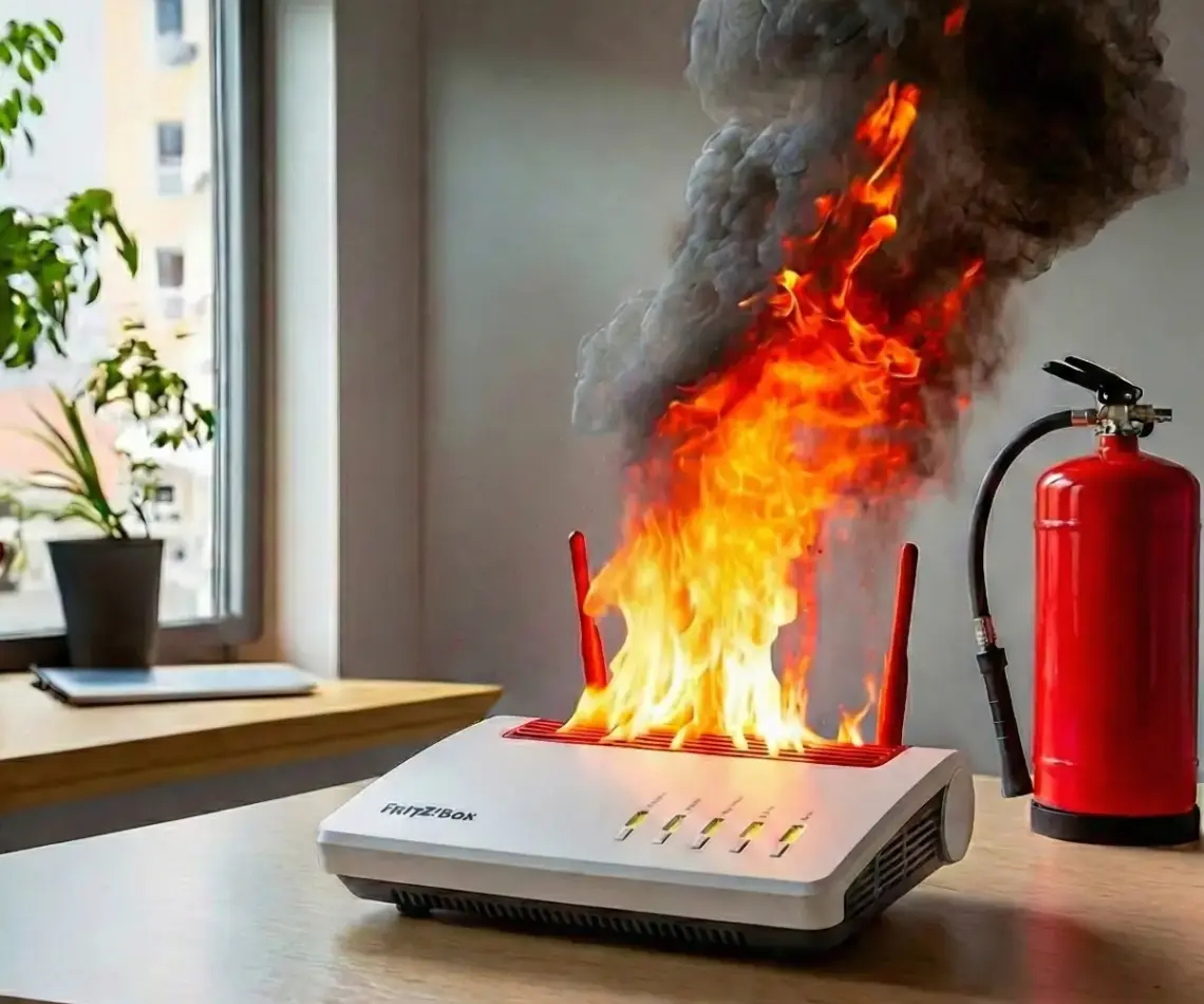 Brennender Router auf einem Schreibtisch, dahinter steht ein Feuerlöscher