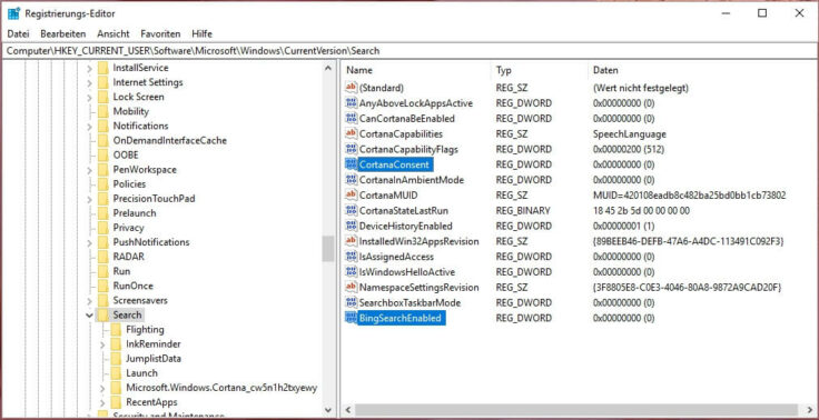 Screenshot aus dem Reg-Editor von Windows