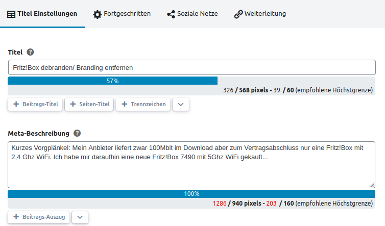 Ansicht des SEOpress Menüs in der WordPress Artikelbearbeitungsansicht.