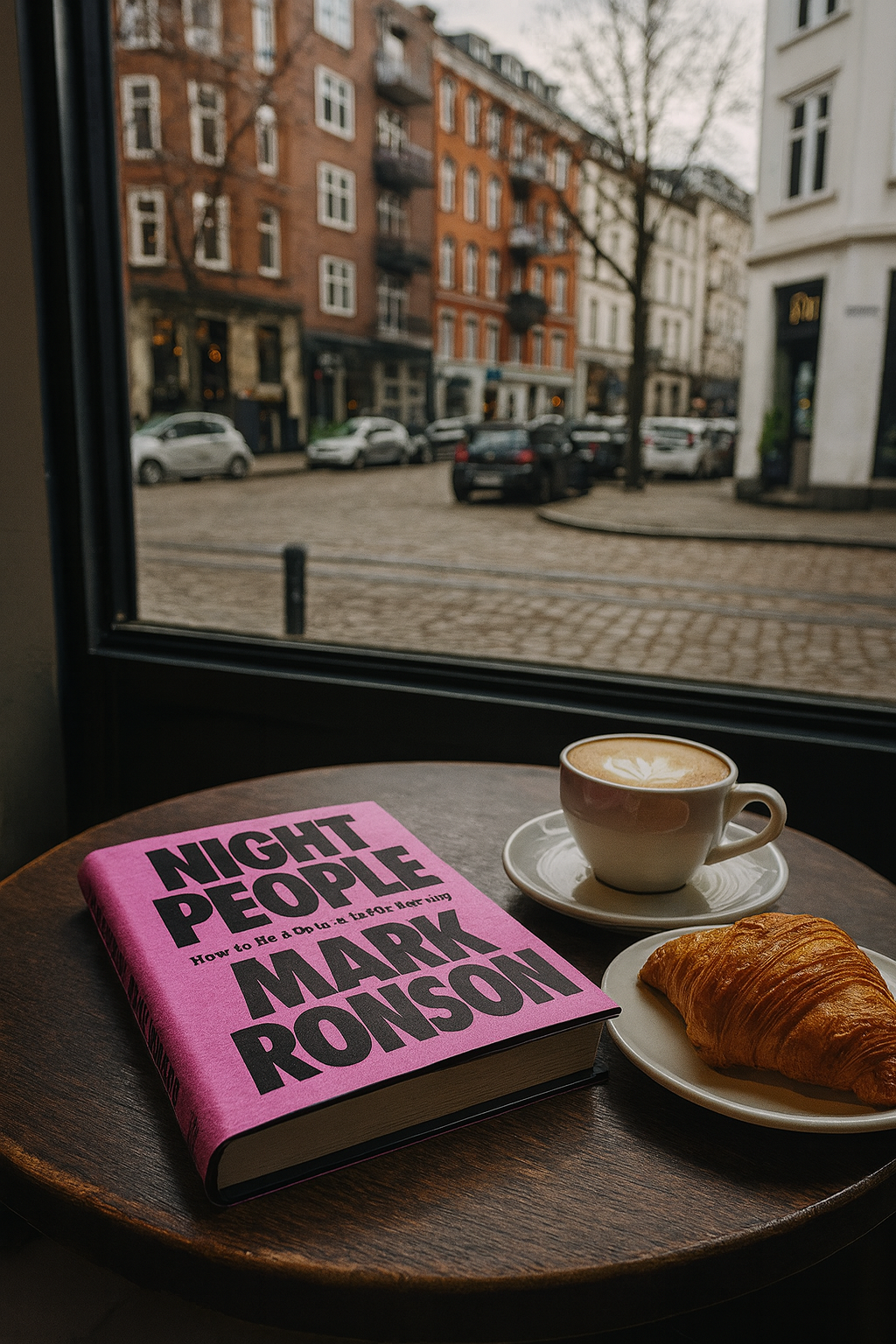 Buch auf Kaffeetisch, neben Kaffee und Croisant.